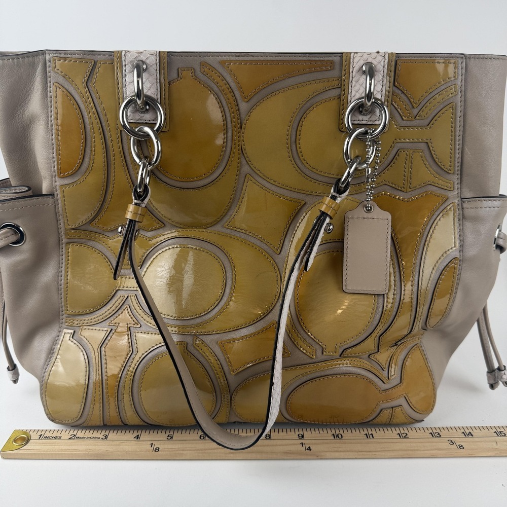 Coach Tote Bag Womens Yellow Patent Leather CC Enamel Taupe‎ Shoulder 16449 - Picture 10 of 10